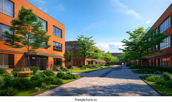 Courtyard of a modern residential complex with brick buildings, green lawns and benches