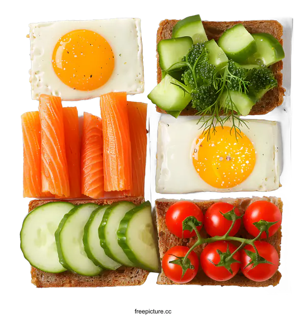 [Transparent Background PNG]Healthy Breakfast Toasts with Egg, Salmon, Cucumber and Tomato
