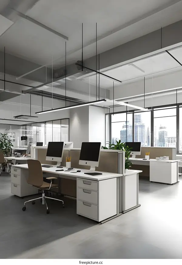 Modern Office Interior Design with White Desks and City View