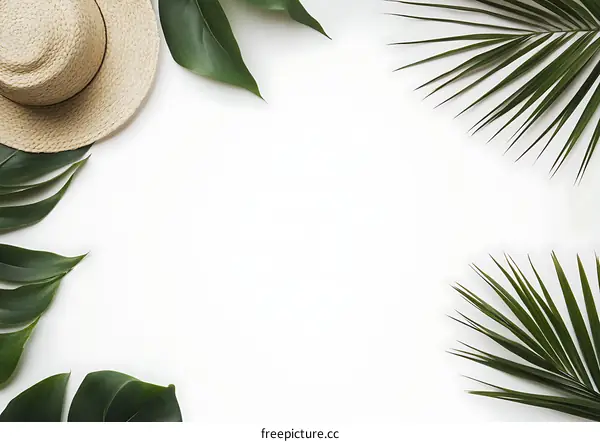 Tropical Leaves and Straw Hat on White Background