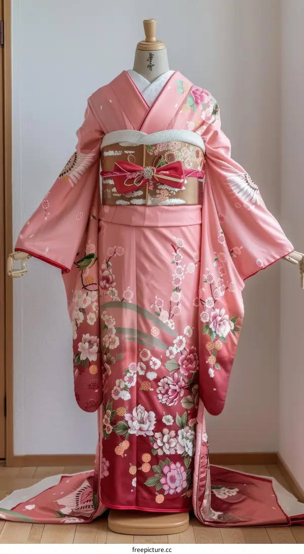 A kimono with a pink and white floral pattern and a red and white floral obi