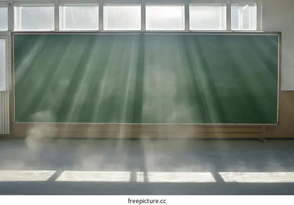 rays of light shining through classroom windows onto empty green chalkboard