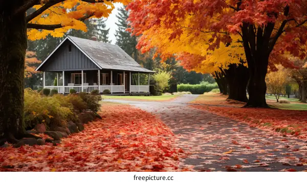 Charming Fall Scenery of a House Surrounded by Colorful Trees