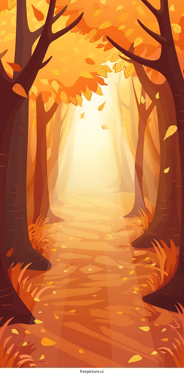 Autumn Forest Path Illustration With Falling Leaves