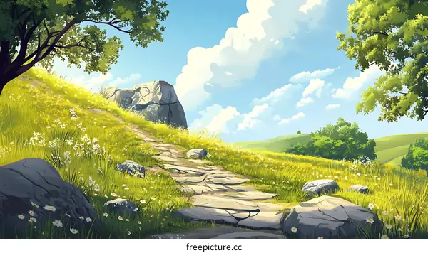 Stone Path Through Green Grassy Field