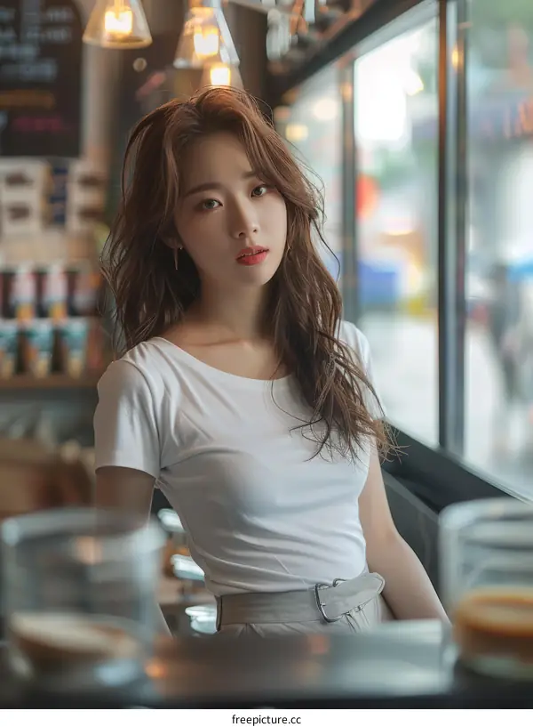 Young Woman with Long Brown Hair Enjoying Coffee at a Cafe