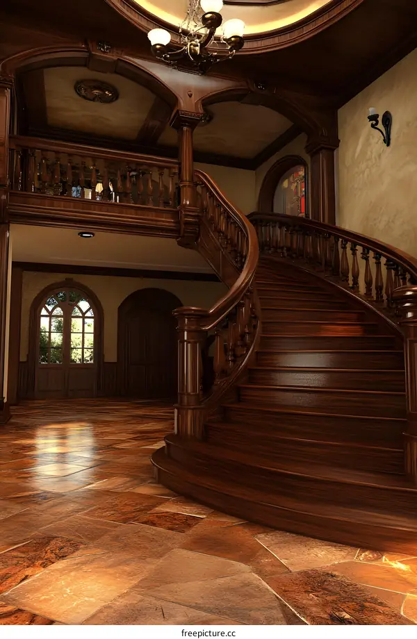 Elegant Wooden Staircase in a Grand Mansion