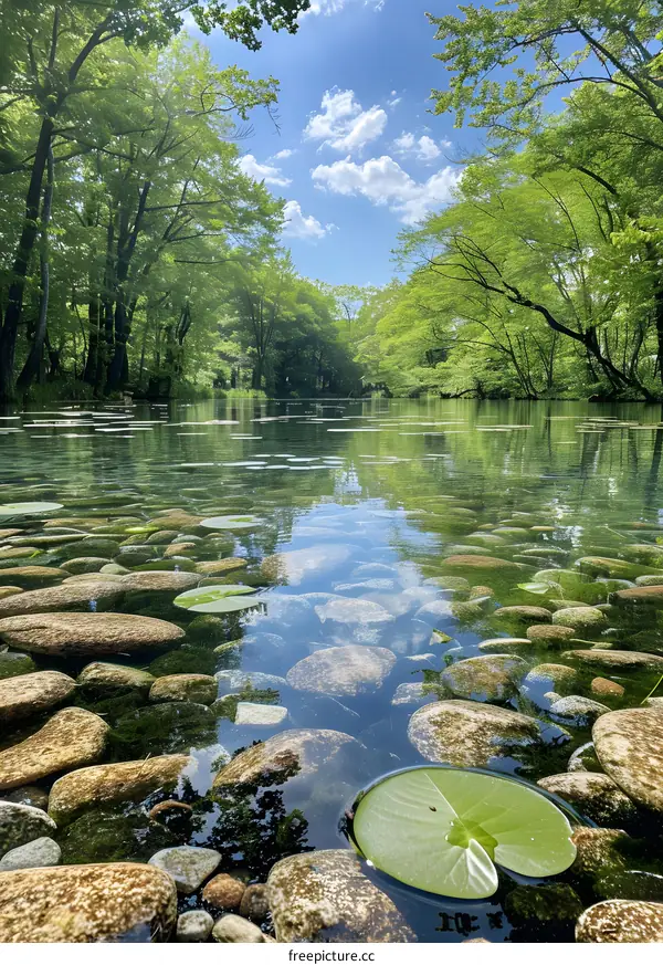 The crystal clear water of the forest river reflects the green trees and blue sky