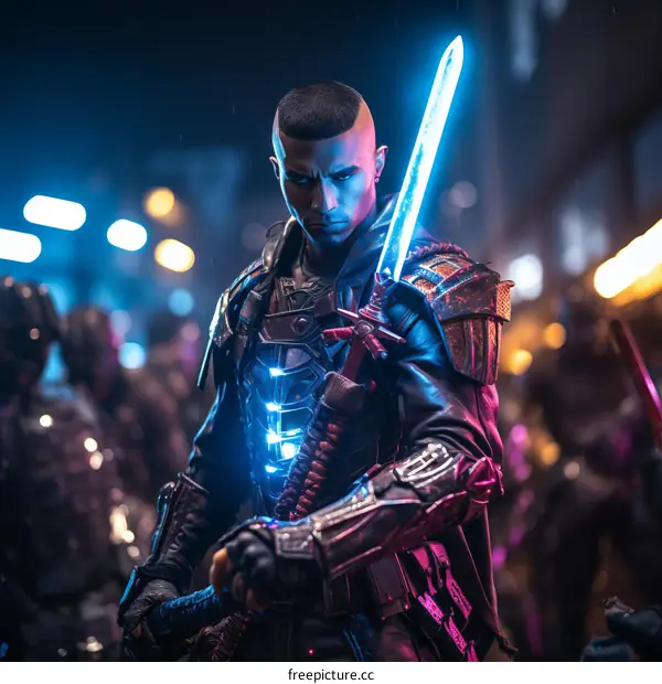Epic samurai warrior standing in blue neon city street with a glowing katana