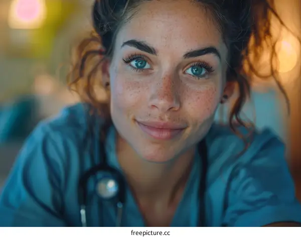 Close-up portrait of a confident female doctor or nurse wearing blue scrubs