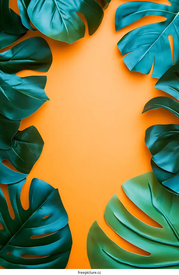 Tropical Leaves Frame on Orange Background