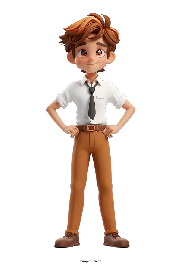 [Transparent Background PNG]Smiling Cartoon Boy in White Shirt and Brown Pants