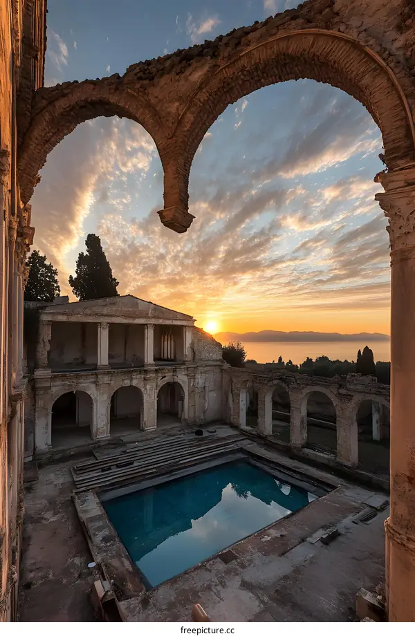 Ancient Ruins with Pool and Sunset View