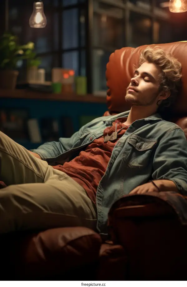 Young man sleeping in a brown leather armchair