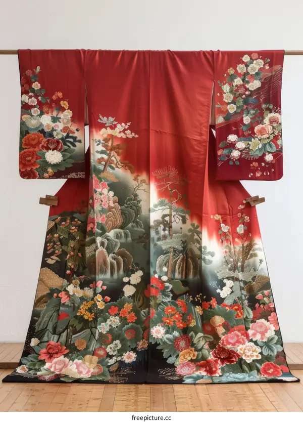 A red kimono with a pattern of flowers and trees