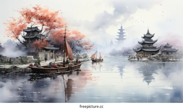 Chinese Village on a Picturesque River with Boats and People