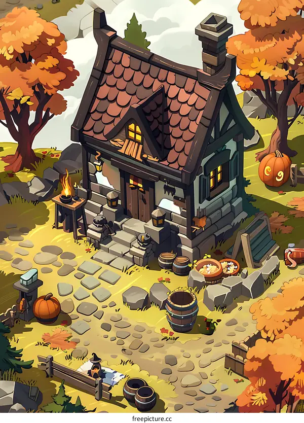 Autumn Cottage with a Witch Sitting on a Bench