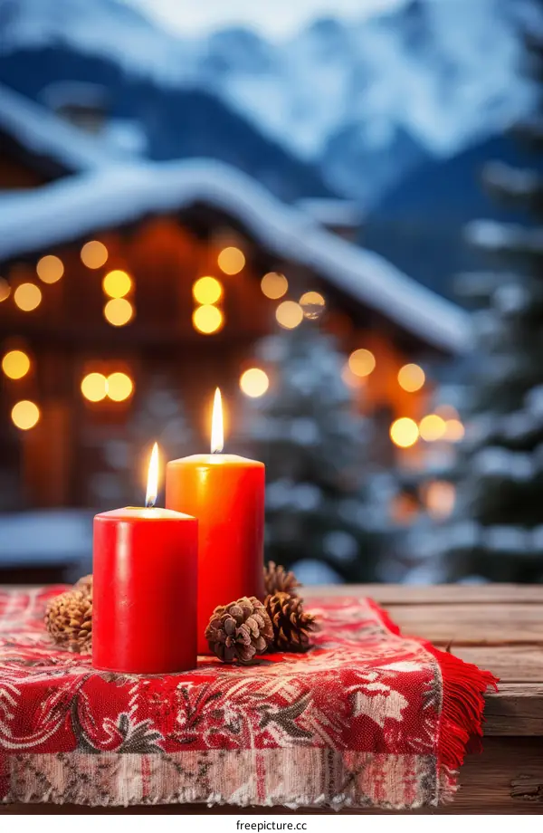 Two red candles burning on a wooden table with a snowy mountain village in the background