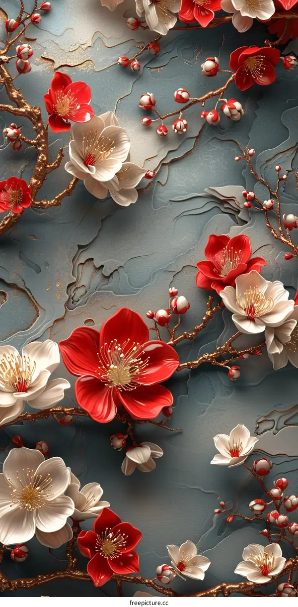 Red and White Flowers on a Textured Blue Background