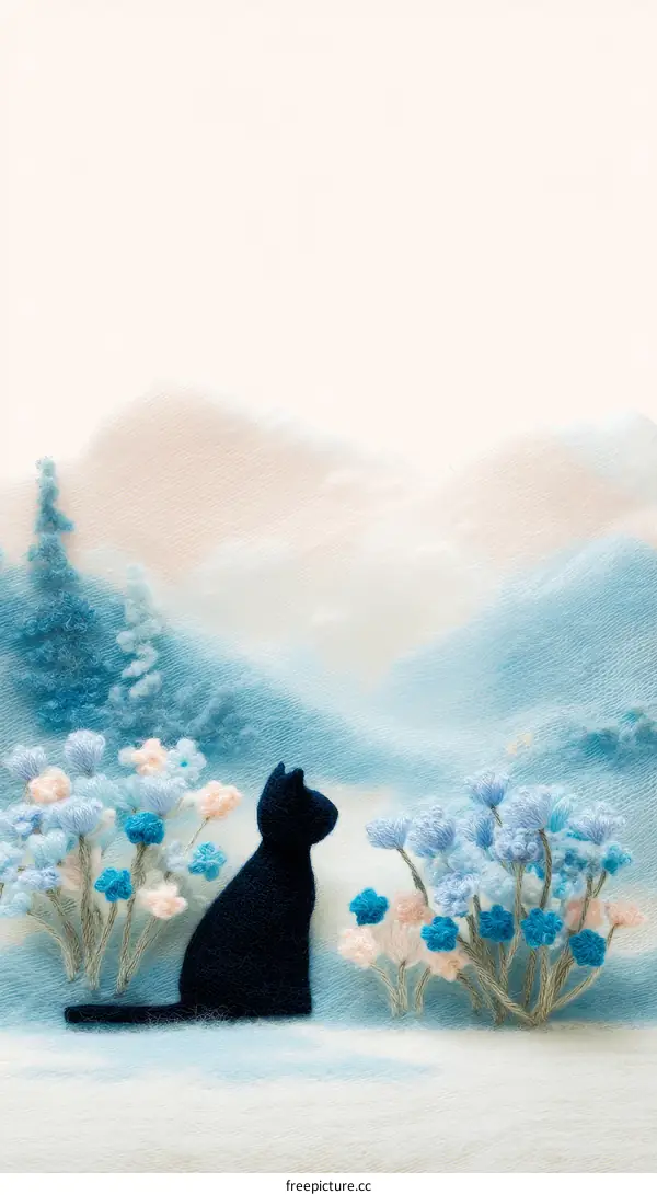 Winter Scene with Black Cat and Flowers