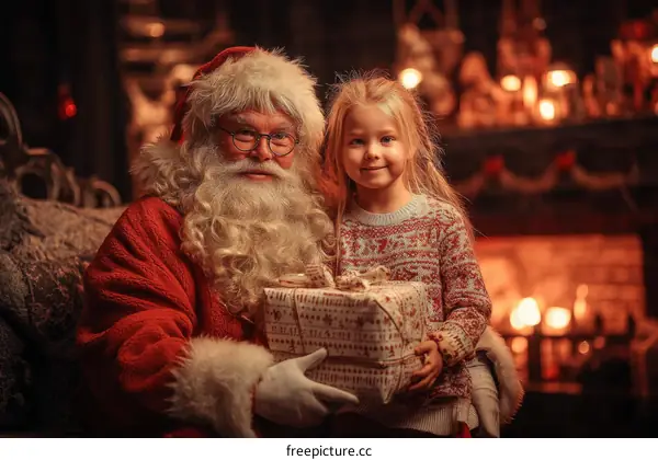 Christmas Santa Claus with a Child Holding a Gift