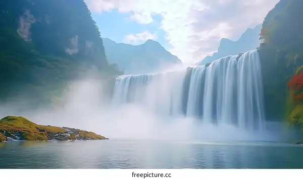 Majestic Waterfall in Misty Mountains