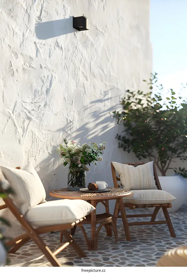 White Wall Patio With Wicker Furniture and Flowers