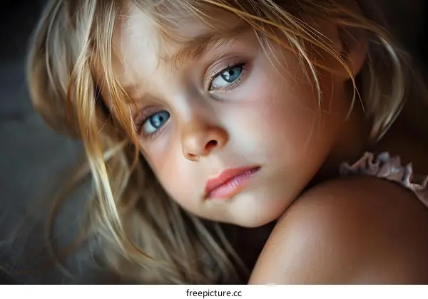 Portrait of a young girl with blonde hair and blue eyes