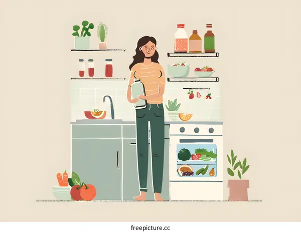 Woman Holding a Glass Bottle in the Kitchen