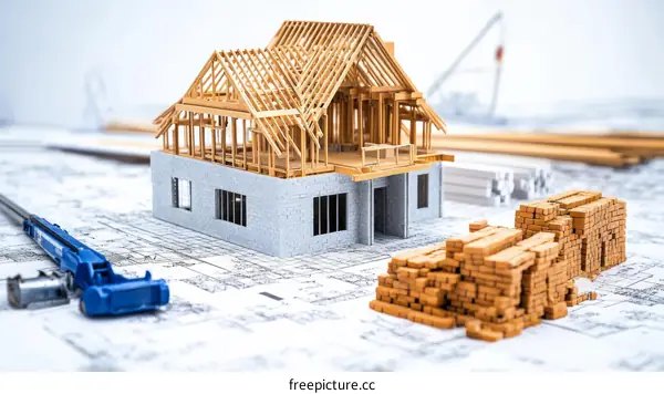 Construction Site Model with House Frame and Building Materials