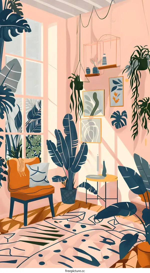 Pink Wall Living Room with Plants and Sunlight
