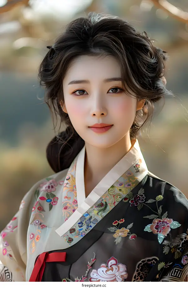 Portrait of a beautiful young Korean woman in traditional Korean dress, the hanbok