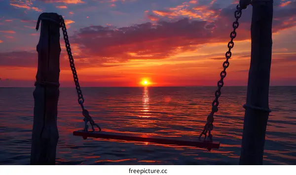Wooden swing hanging over calm sea at sunset