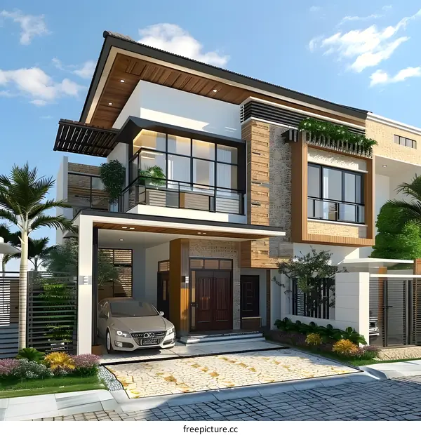 Modern Two Story House with a Car in the Garage