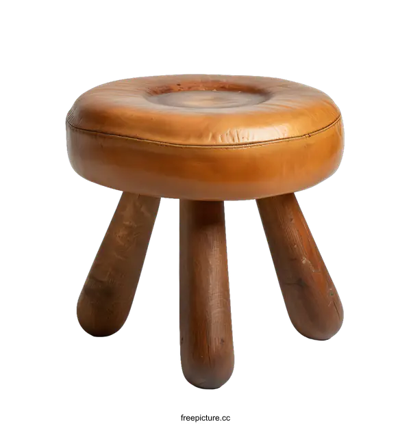 [Transparent Background PNG]Leather Top Stool with Four Wooden Legs