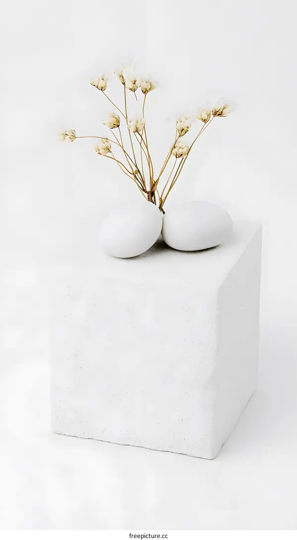 Dried Flowers and White Stones on a White Cube