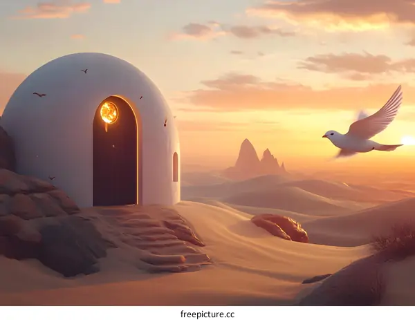 White Dome House in Desert Landscape with Flying Dove at Sunset