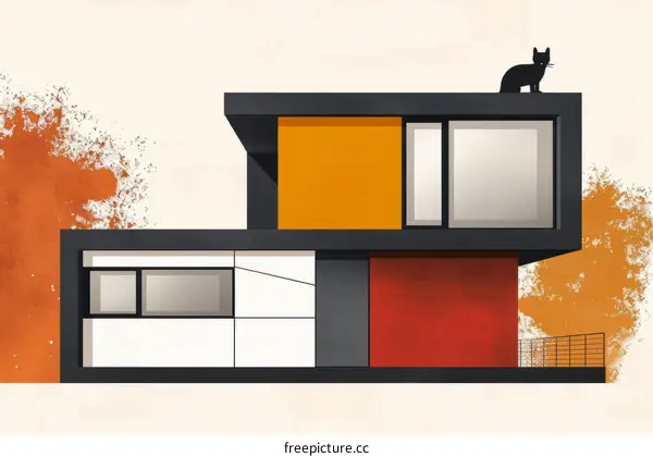 Black cat on the roof of a modern house