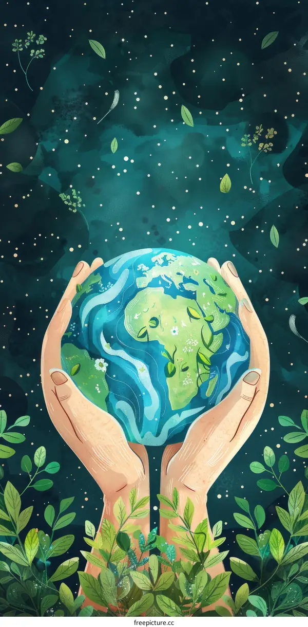 Illustration of hands holding the Earth with leaves and flowers in the background