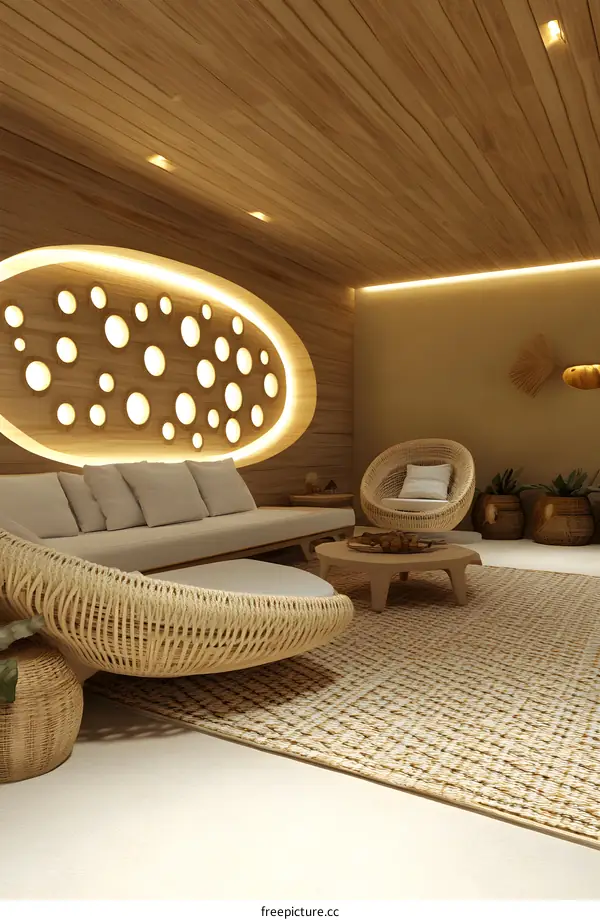 Modern Minimalist Living Room Interior Design With Wicker Furniture And Round Wall Decor