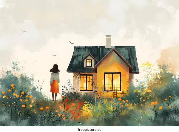 girl looking at house in meadow