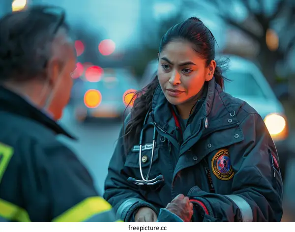 A female firefighter talking to a man