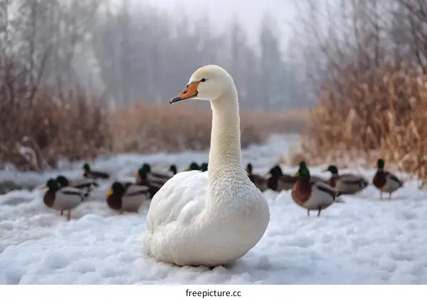 Winter Wonderland Swan and Ducks on Snowy Bank