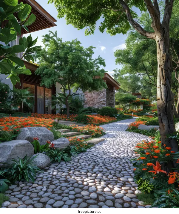 Stroll through a Serene Garden on a Pebbled Path