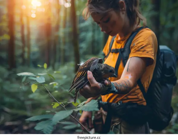 Young woman holding a bird in the forest