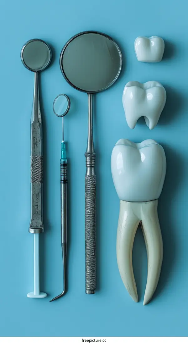 A variety of dental instruments and teeth on a blue background