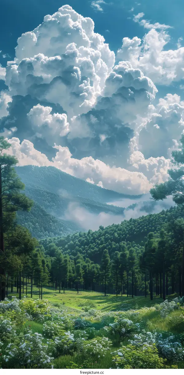 Beautiful Mountain Landscape with Flowers and Clouds
