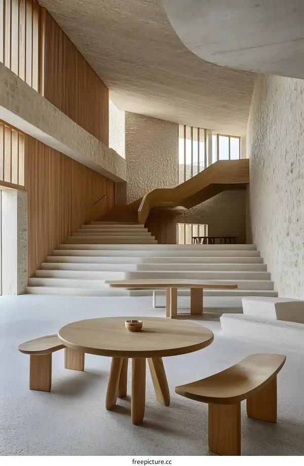 Modern Minimalist Interior Design With Wooden Furniture And Stairs