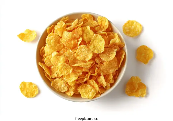 A Bowl of Golden Cornflakes on White Background