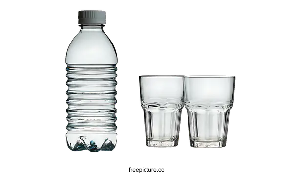 [Transparent Background PNG]Transparent Water Bottle and Glasses on White Background